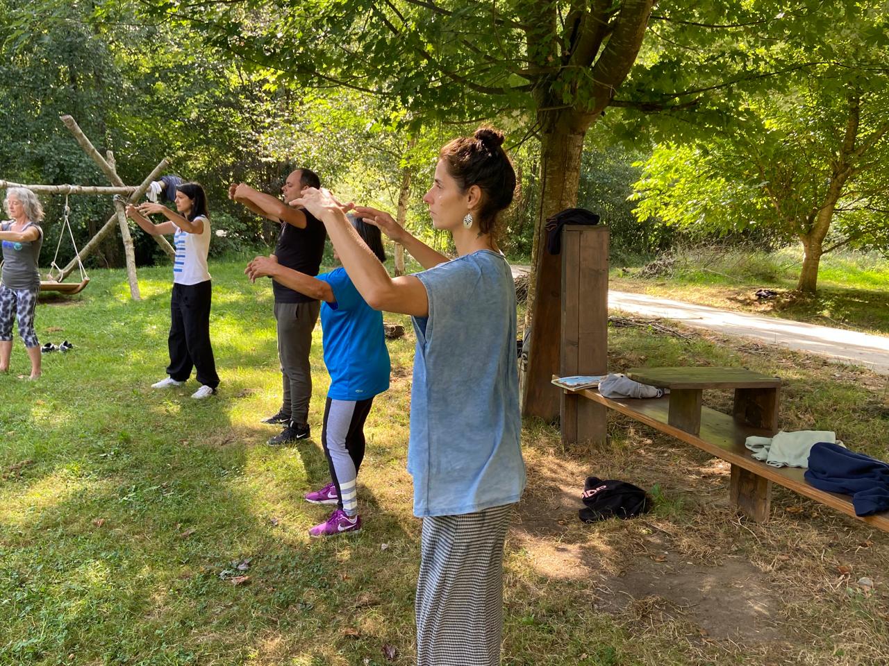 Prática de qigong sob as árvores